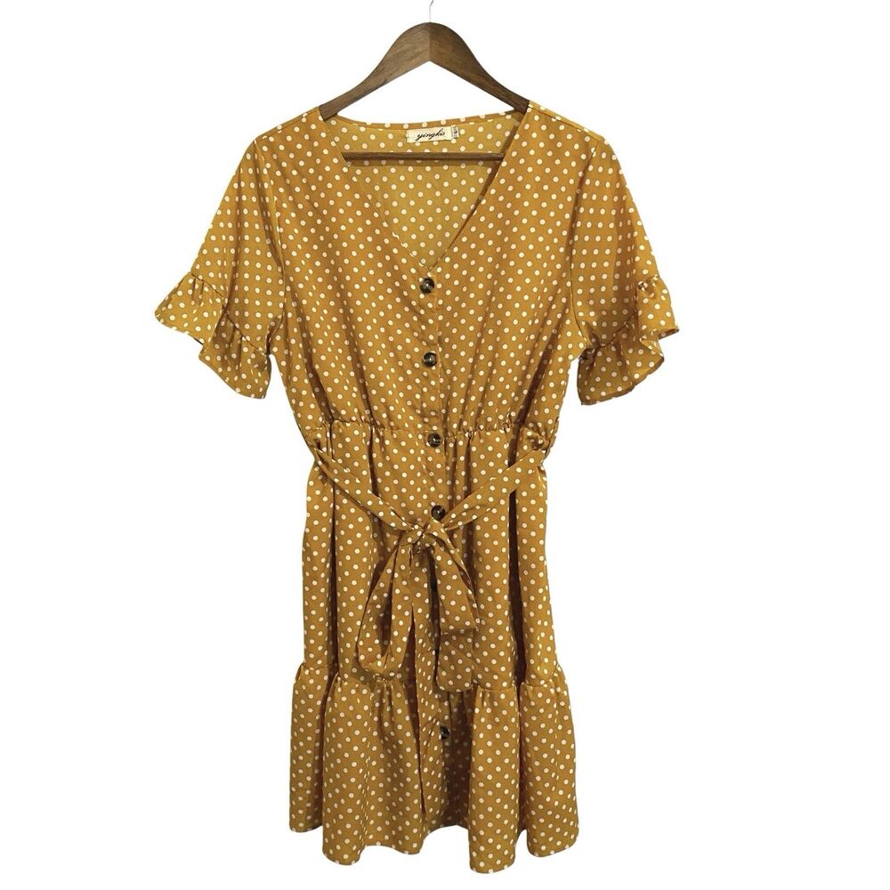 Yingkis Dress Fit & Flare Womens S Yellow Gold White Polka Dots Short Sleeve